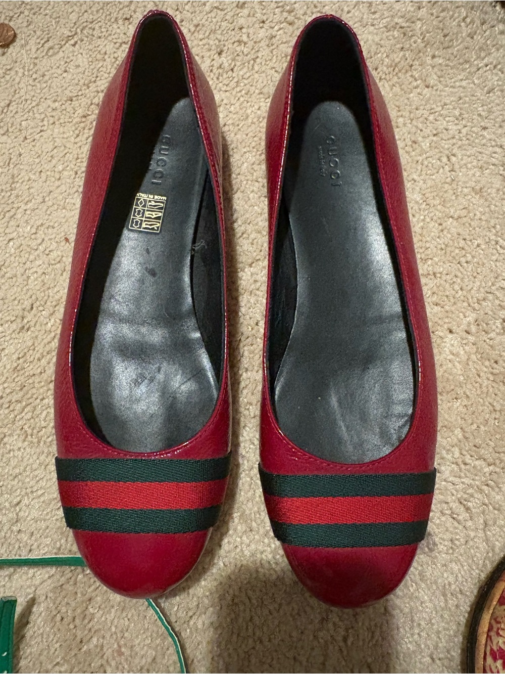 Gucci Red Leather Ballet Flats with Green and Black Web Stripe